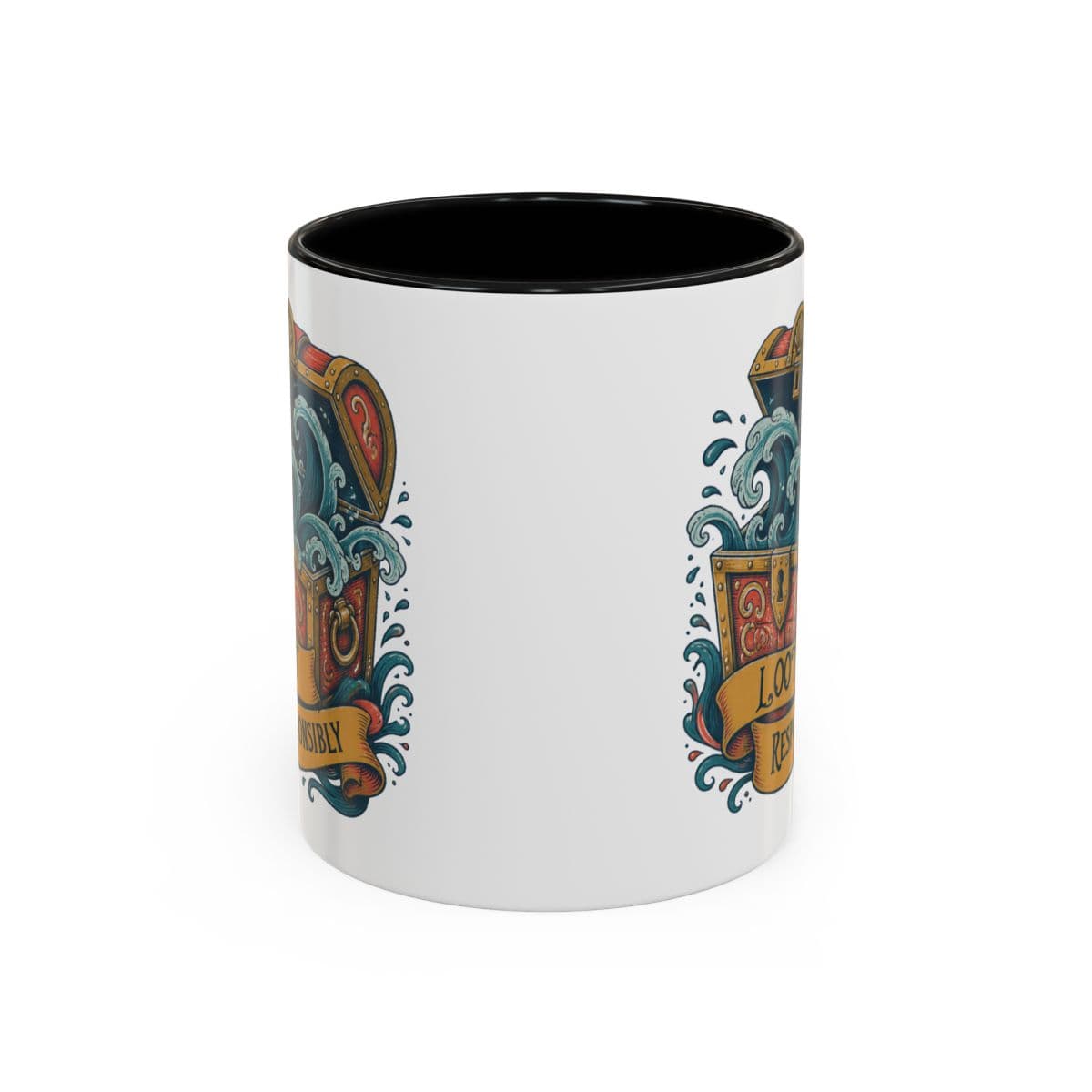 Pirate Treasure Loot Responsibly Mug, Ocean Waves Design in Black