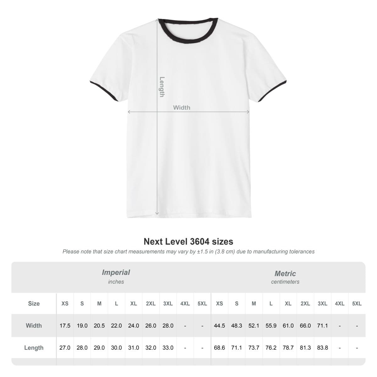 Size chart for Next Level 3604 — Unisex Cotton Ringer T-Shirt