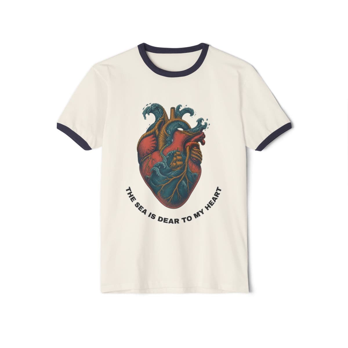 Anatomical Heart Sea Is Dear to My Heart Ringer T-Shirt in Natural/Midnight Navy